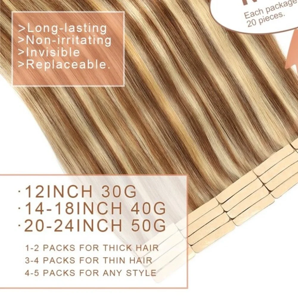 20Pcs 14 Inch Chestnut Brown to Bleach Blonde Tape-in Hair Extensions for Women